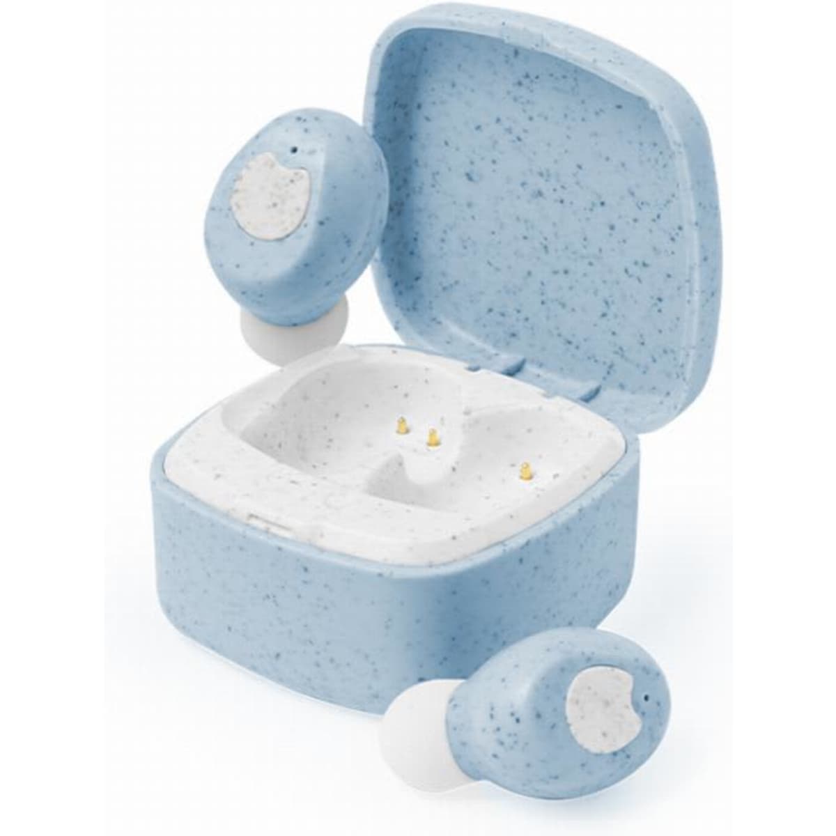 A pair of light blue wireless earbuds and charging case with a speckled design. The case is slightly open.