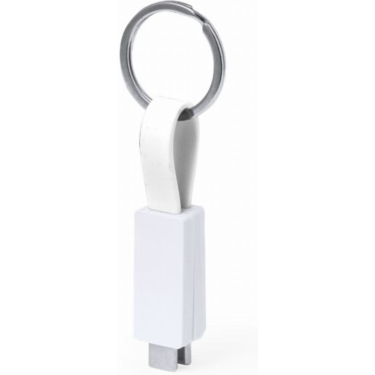 A white keychain USB drive with a silver ring and a minimalist design.