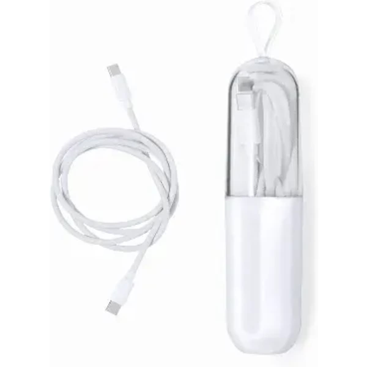 A charging cable in a transparent white case with a white cord. The case has a loop for easy carrying.