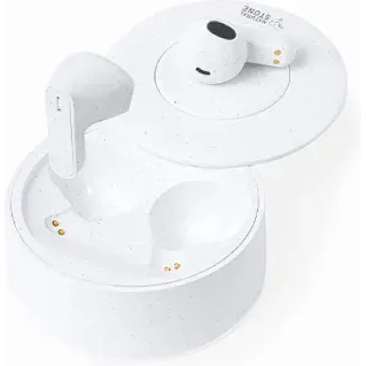 A wireless earbud charging case in white, with earbuds placed inside and a logo on the lid.