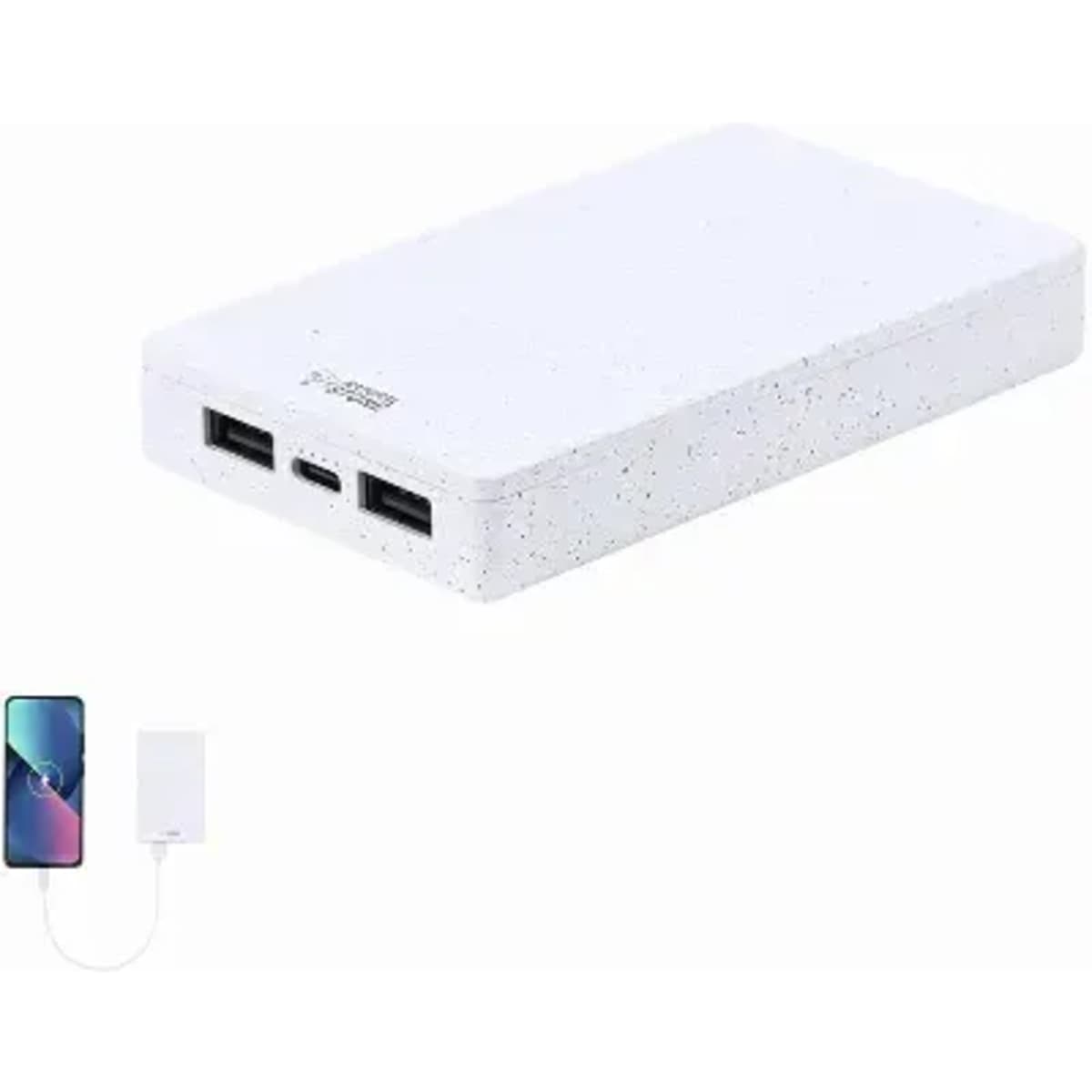A portable power bank in white with a speckled finish, featuring multiple USB ports for charging devices.