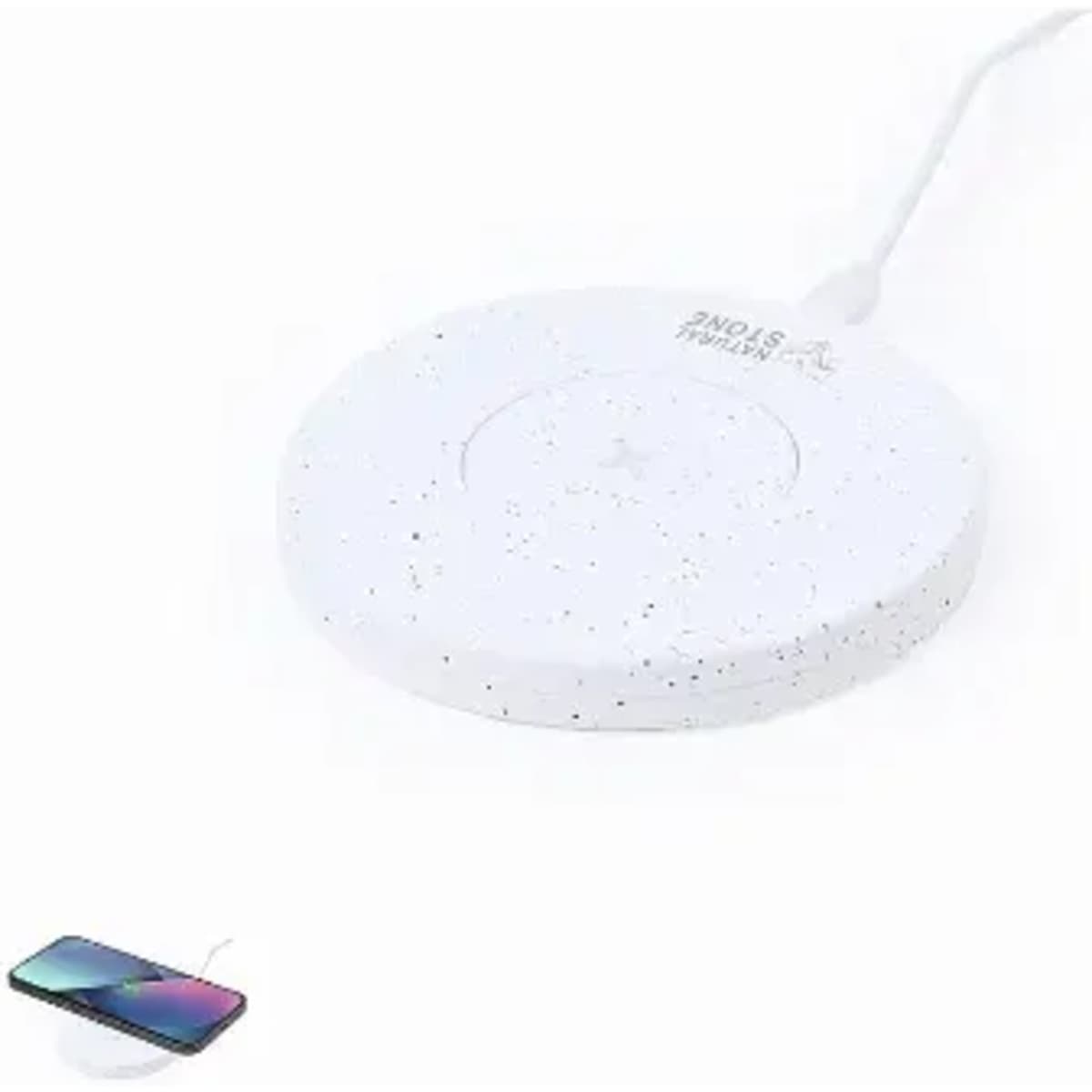 A wireless charger in white with a speckled design, featuring a charging cable and a smartphone.