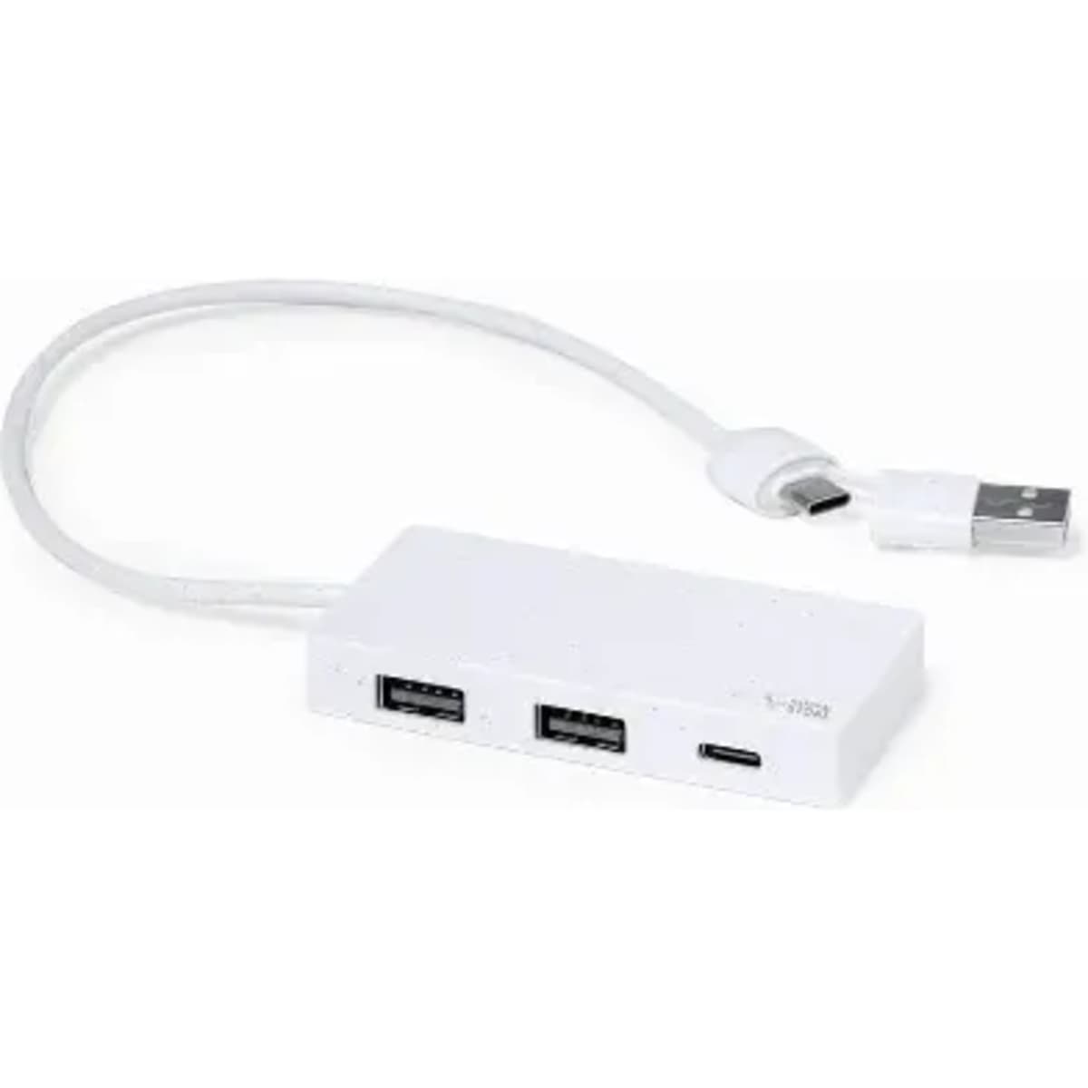 A USB hub with a white casing featuring two USB-A ports and one USB-C port, connected by a white cable.