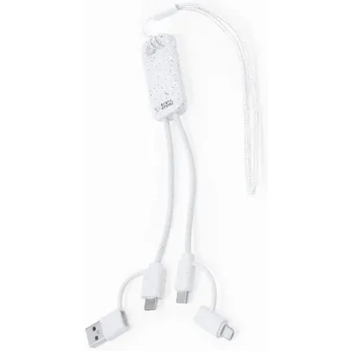 A charging cable in white with multiple connectors, featuring a rectangular body and a tassel for easy carrying.