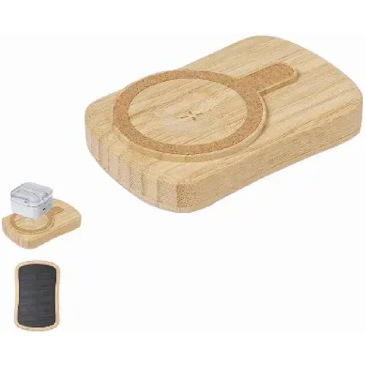 A wooden phone stand in natural colour with a circular top design and a black base piece. It has a logo.