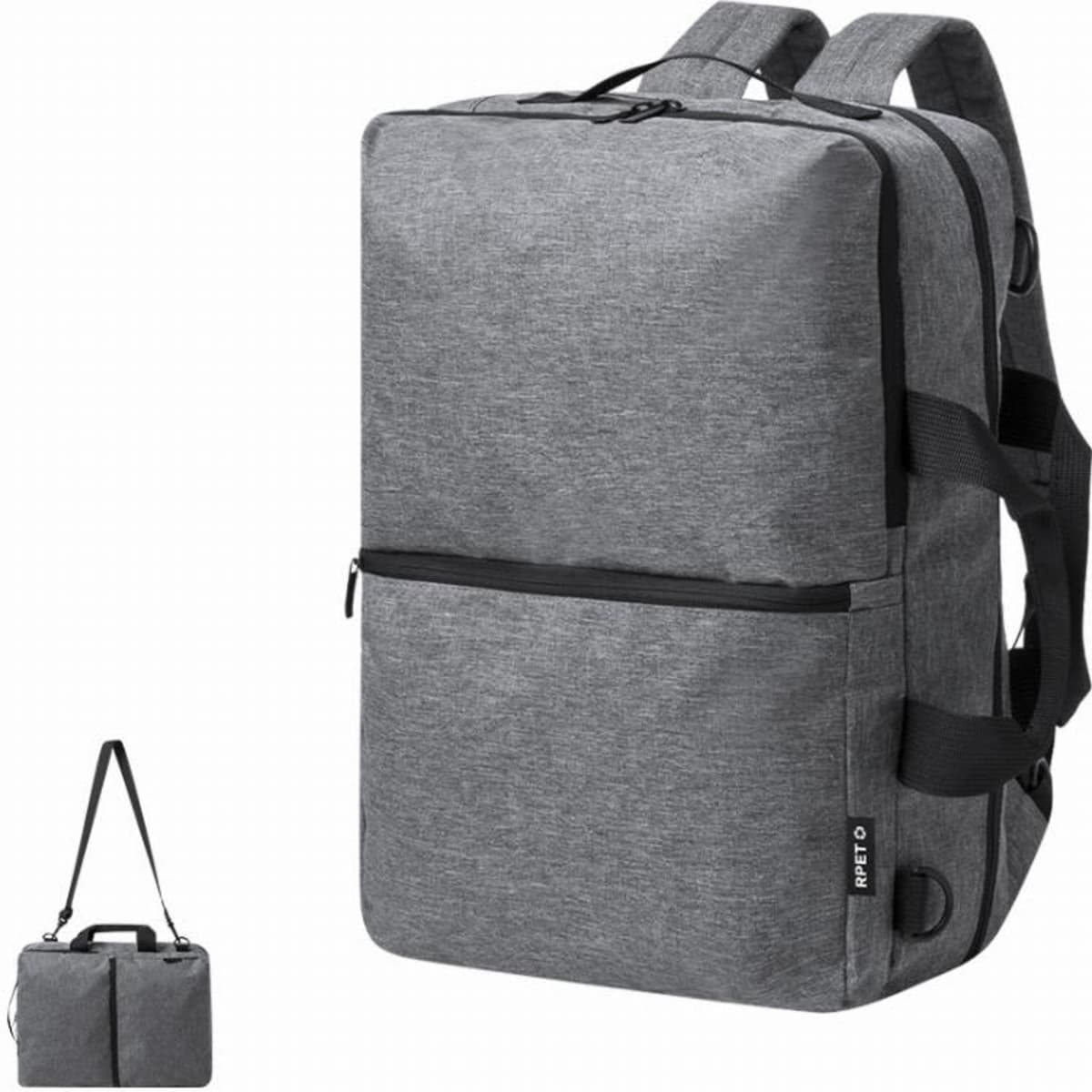 A grey backpack with adjustable straps and a front zipper pocket, featuring a detachable shoulder strap.
