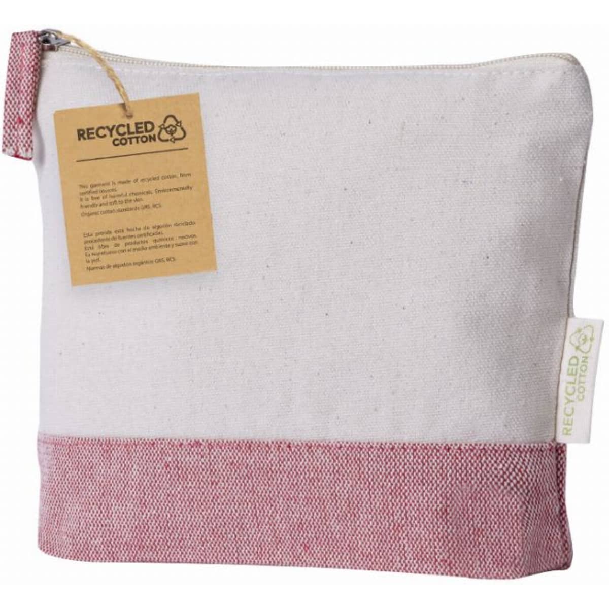 A zippered pouch made of recycled cotton, featuring a white body and a red bottom portion. It has a tag attached.