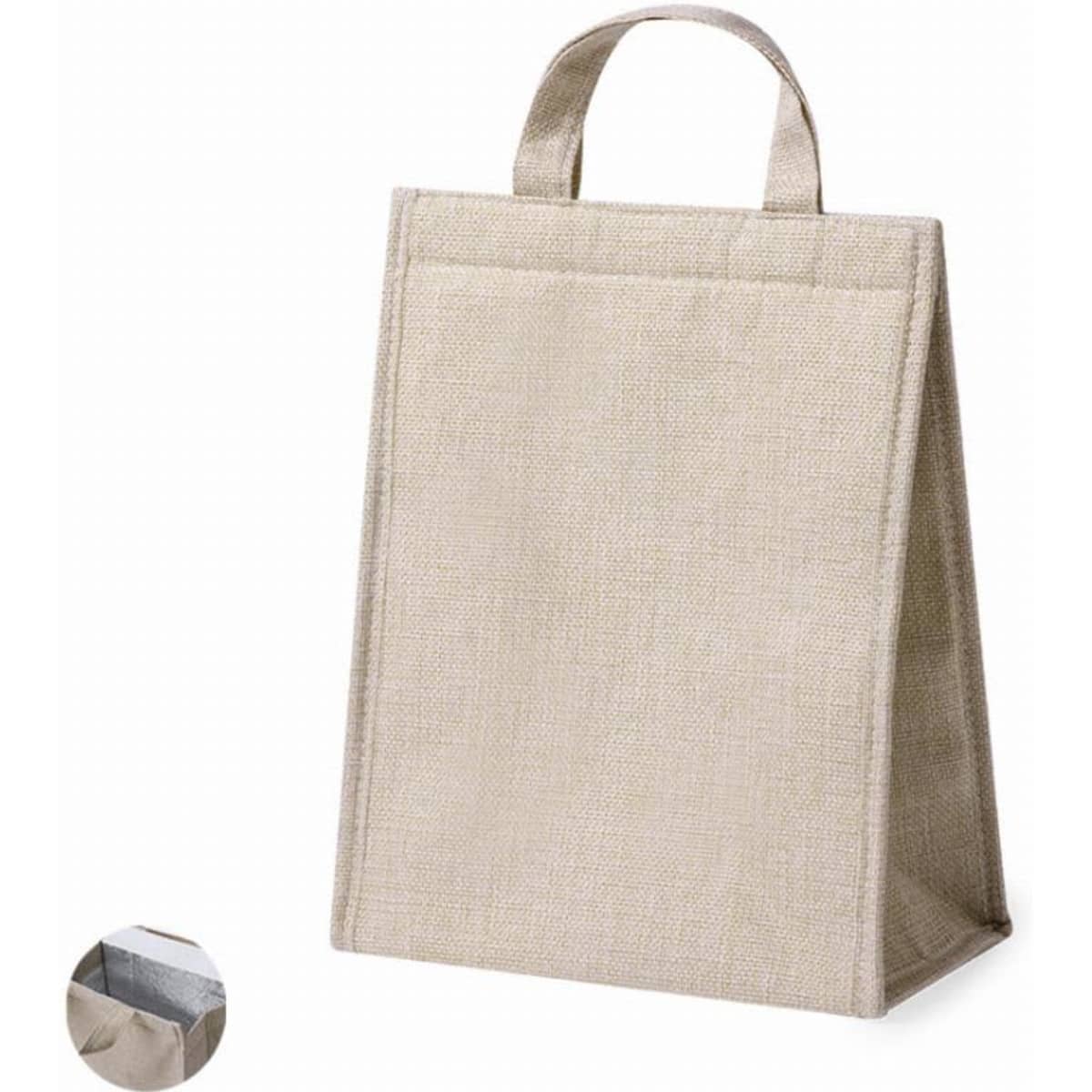 A beige lunch bag with a handle, featuring a simple design and rectangular shape. It has a textured fabric appearance.