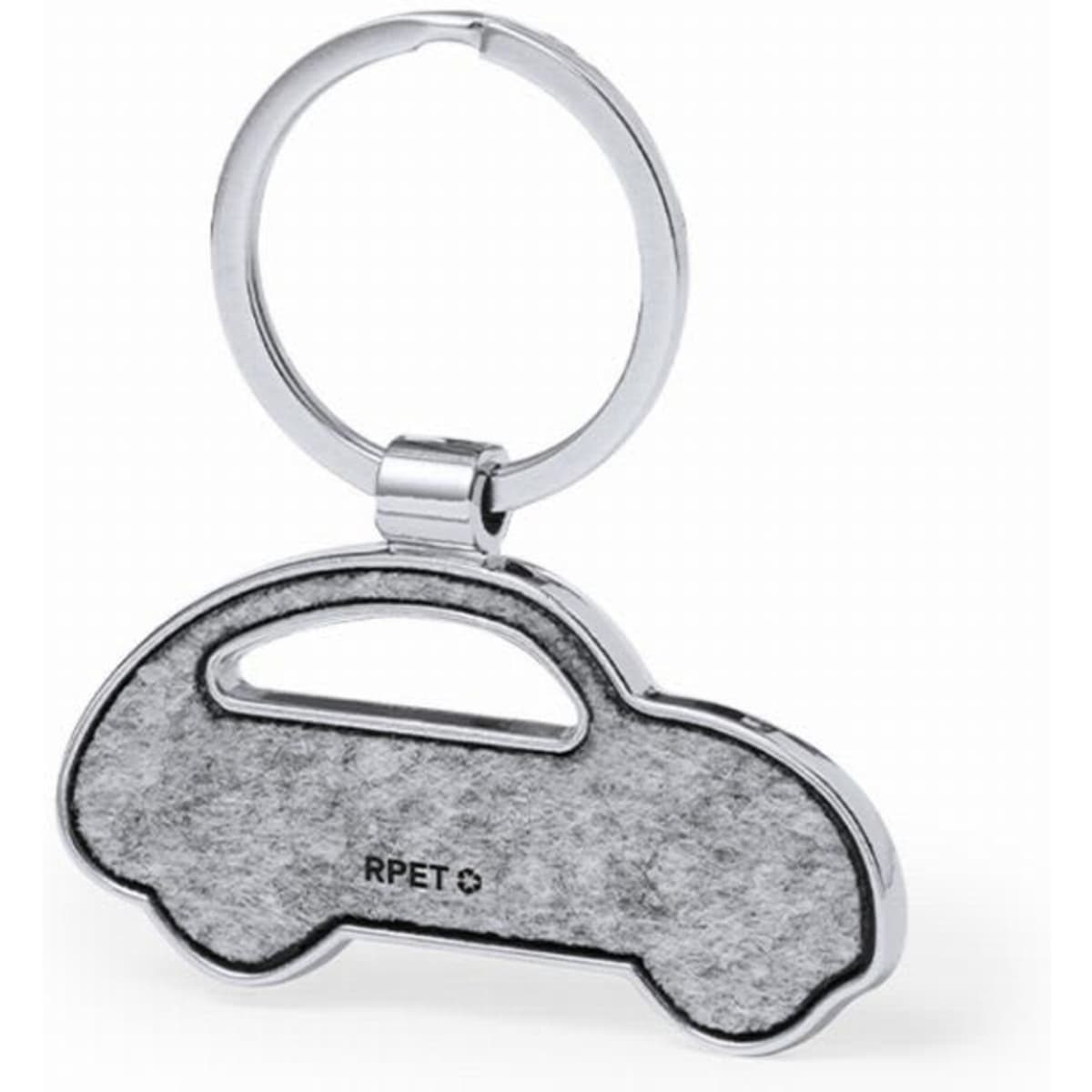 A keyring shaped like a car, made of grey felt with a silver metal ring. The design includes a logo.