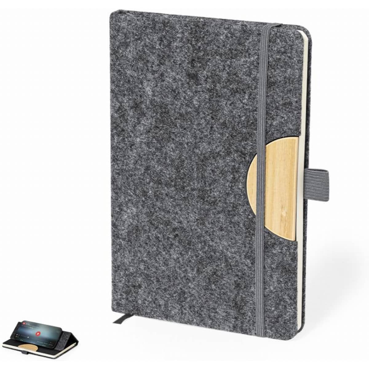 A grey felt notebook with a wooden accent and an elastic closure. A small phone holder is also featured beside it.