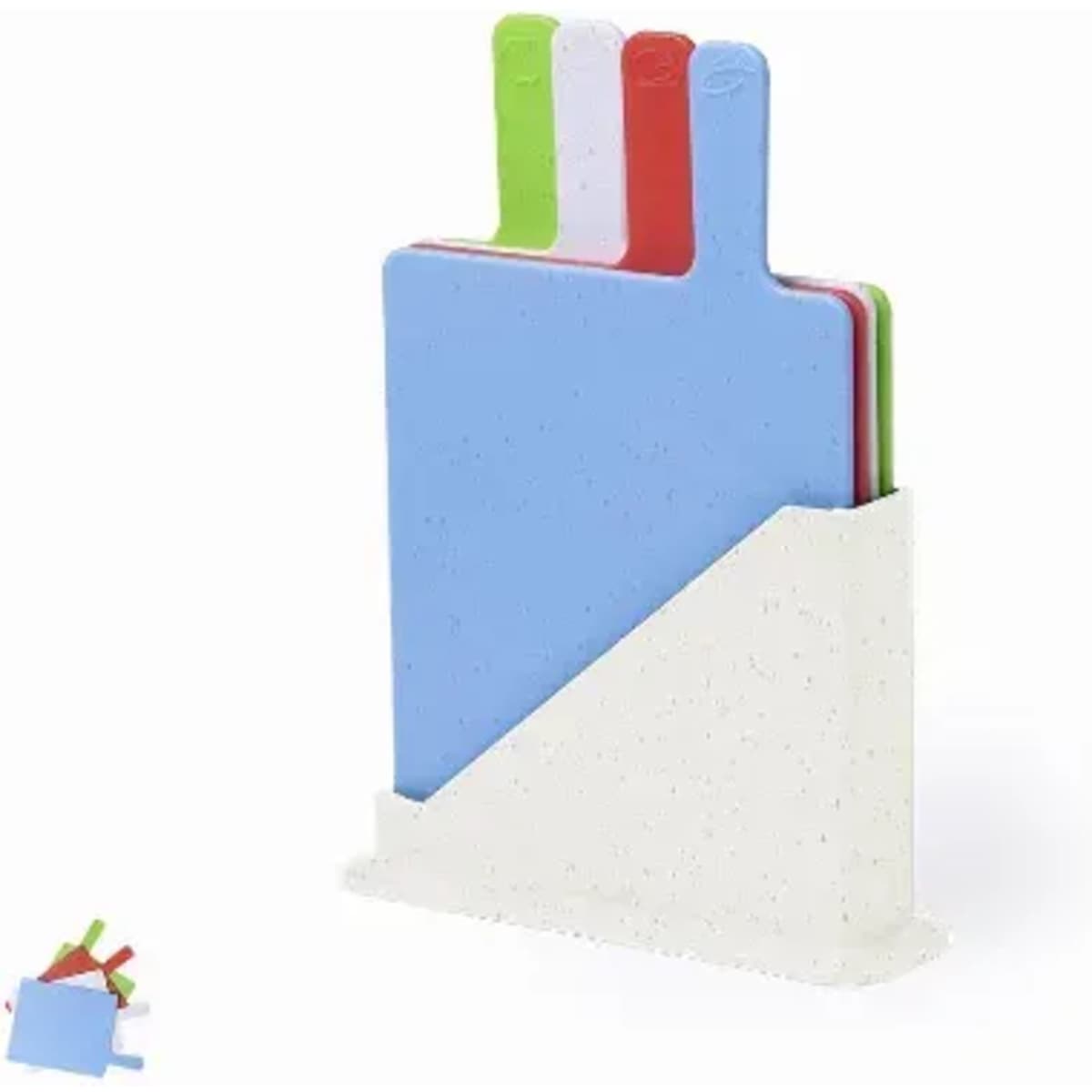 A set of chopping boards in various colours, including blue, green, red, and white, with a white holder.