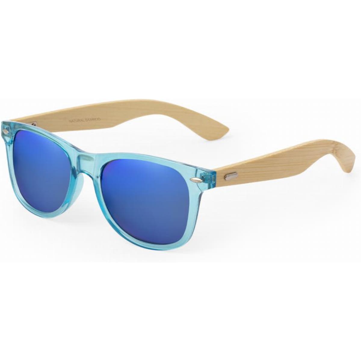 A pair of sunglasses with blue-tinted lenses and light blue plastic frames, featuring wooden arms.