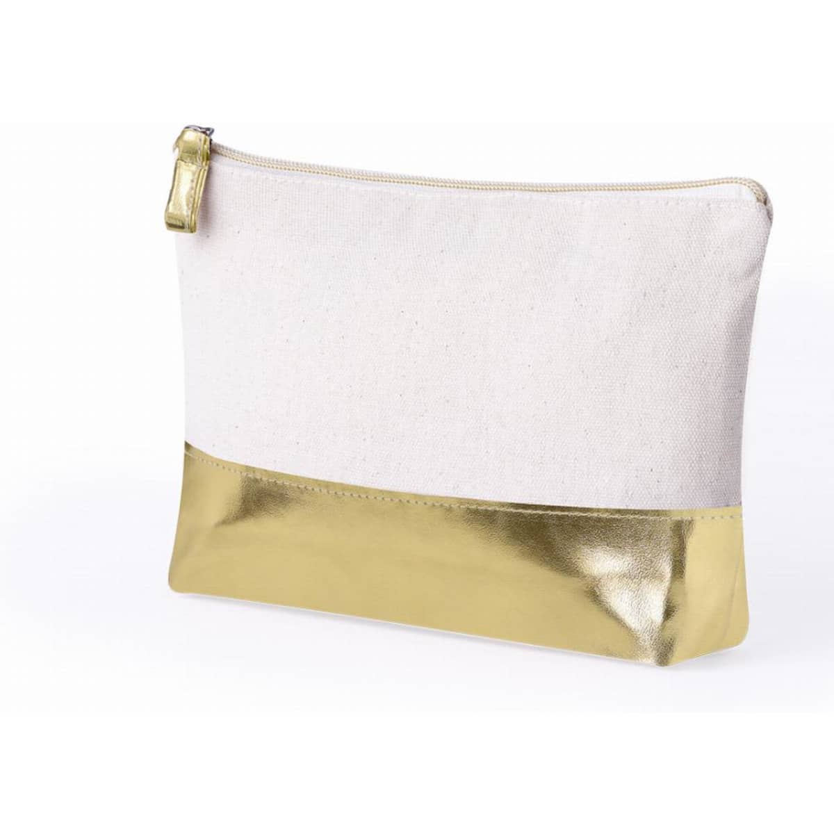 A cosmetic pouch with a white fabric upper and a shiny gold metallic bottom, featuring a zipper closure.