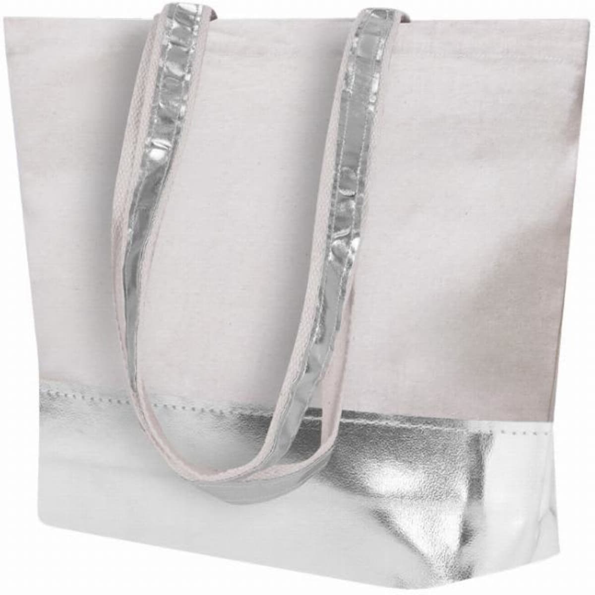 A tote bag in light pink with a shiny silver base and matching handles. It features a branding logo.