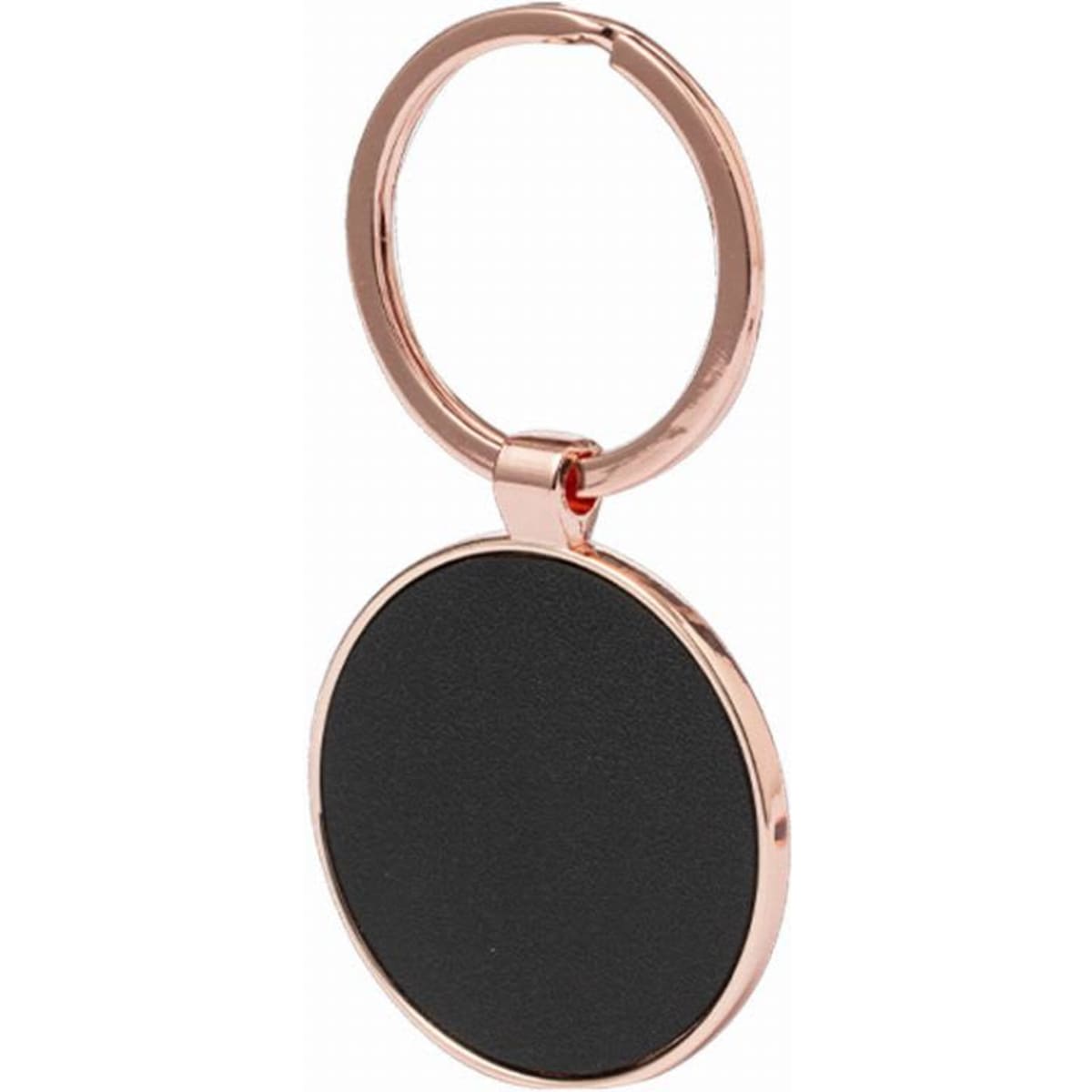 A keyring featuring a circular black disc with a shiny rose gold clasp.