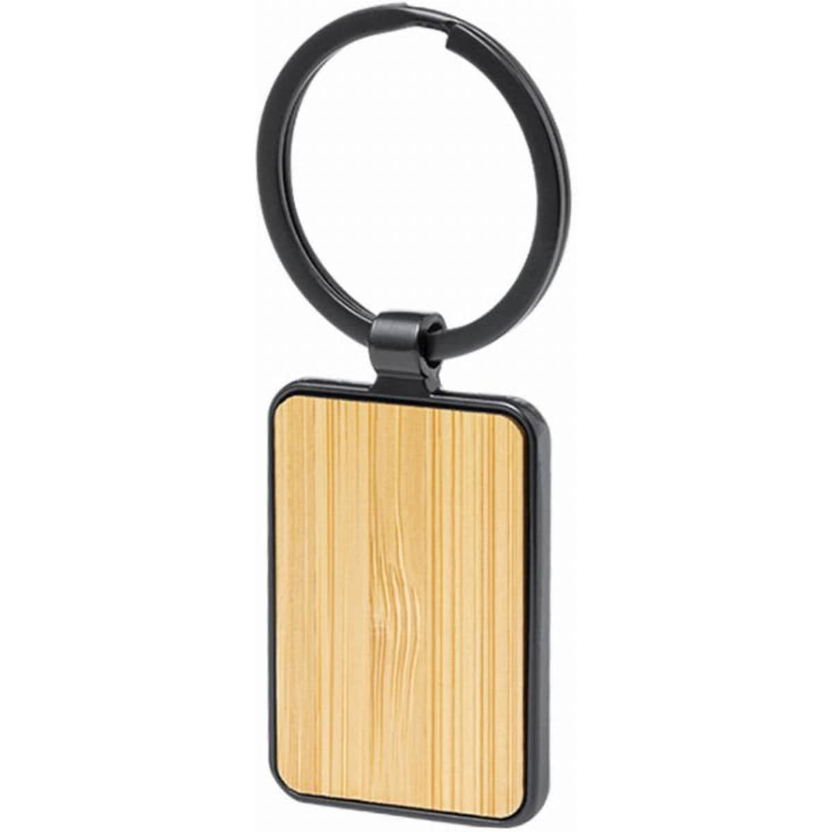 A keyring featuring a black metal frame and a rectangular bamboo tag, showcasing a natural wood texture.