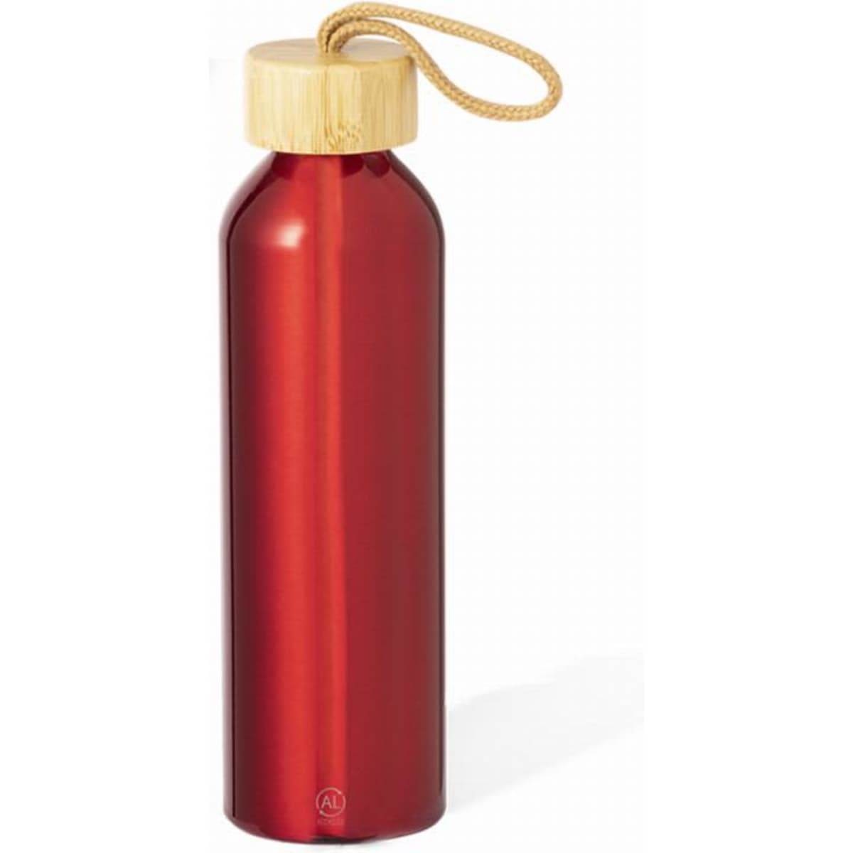 A drink bottle in shiny red with a bamboo lid and a rope loop for easy carrying. It features a logo.