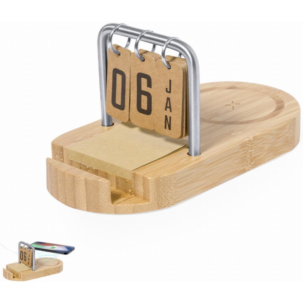 A bamboo perpetual calendar with metal rings and wooden blocks displaying the date and month.