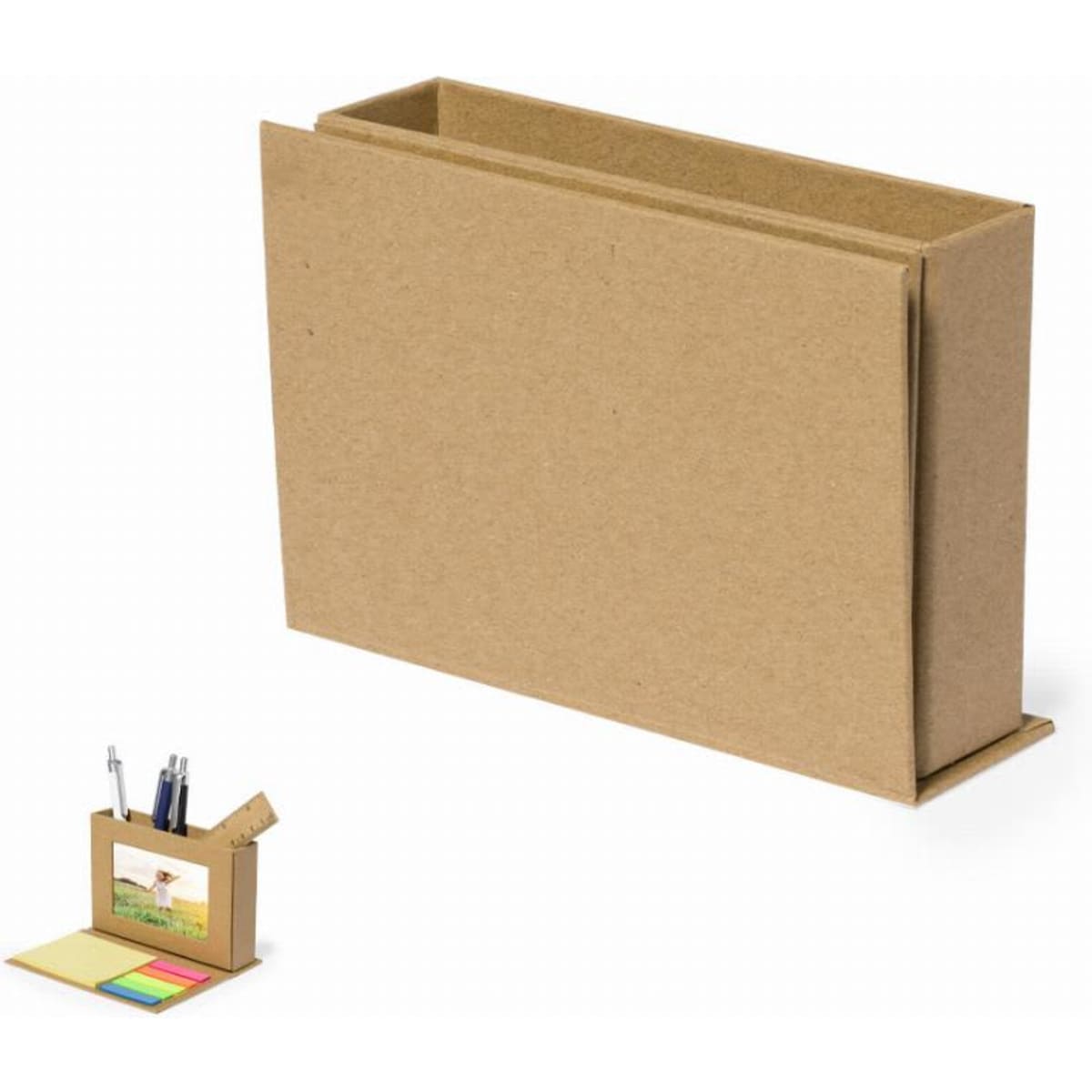 A brown cardboard desk organiser featuring multiple compartments and a small display area for notes or photos.