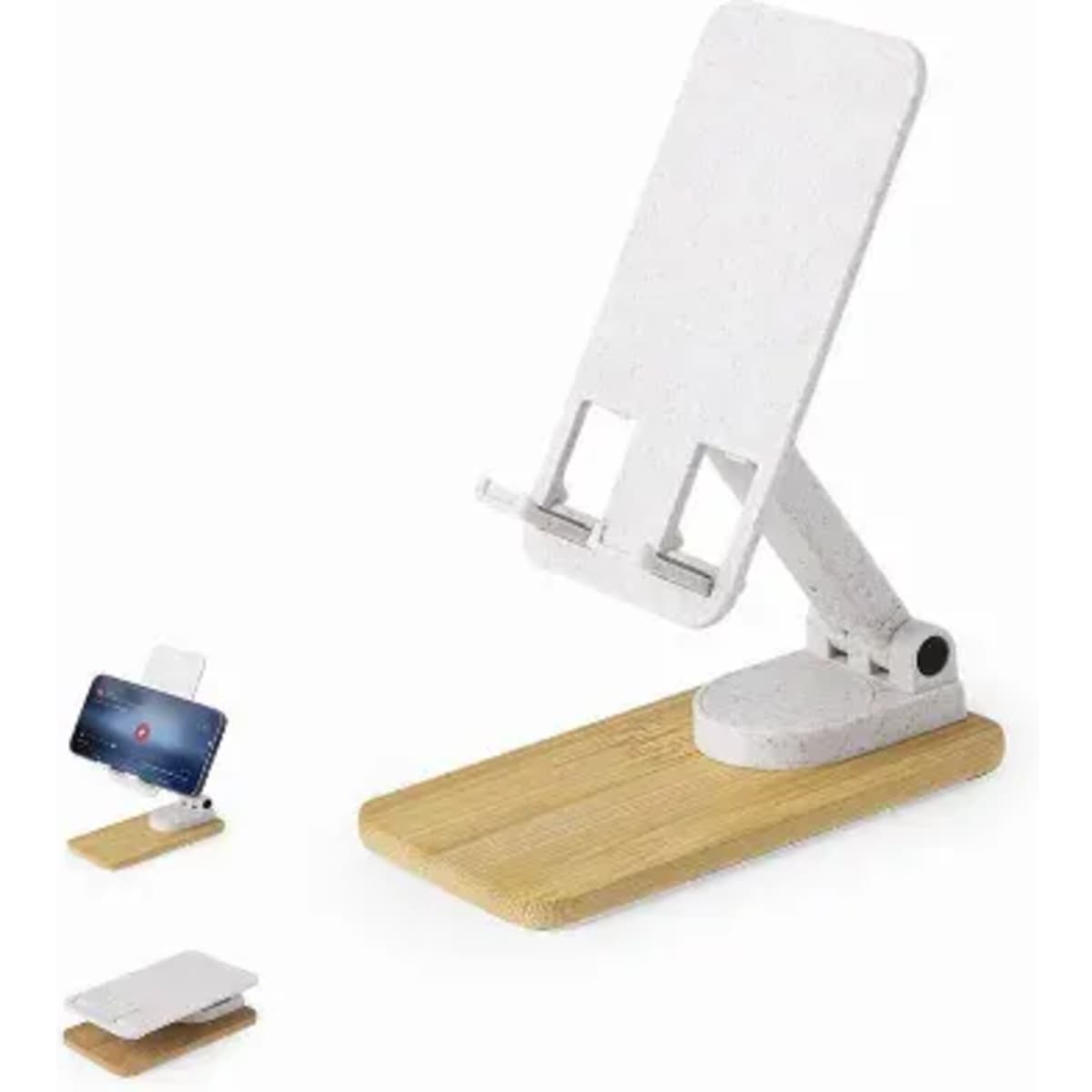 A phone stand with a white holder and a wooden base, adjustable for different viewing angles.