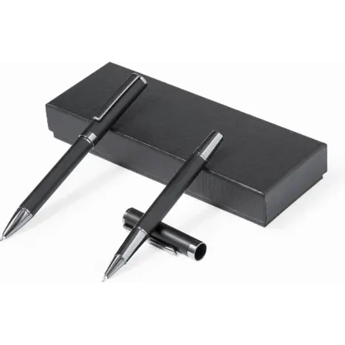 A set of two black pens displayed on a sleek black box. The pens have a stylish design and chrome accents.