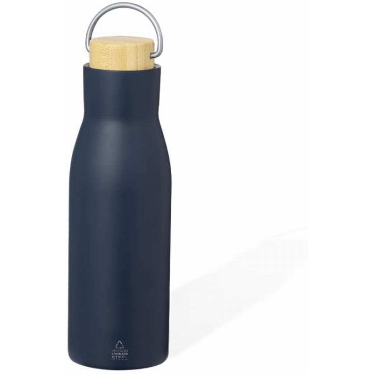 A drink bottle in dark navy with a wooden lid and a metal handle, featuring a smooth matte finish.