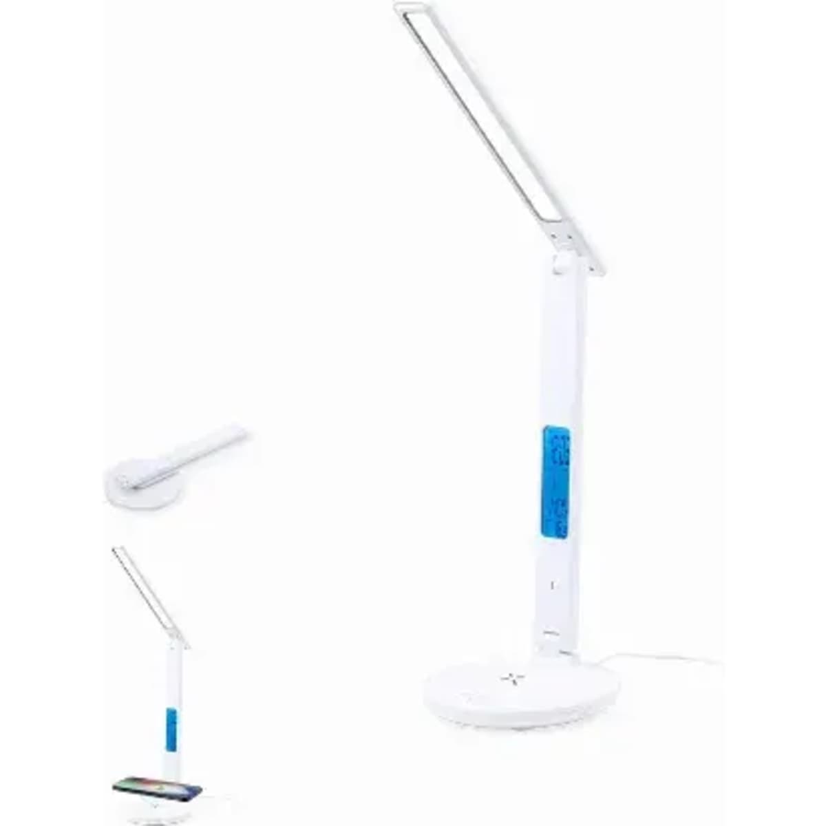 A desk lamp with a white body and blue accents, featuring a slim design and adjustable arm.