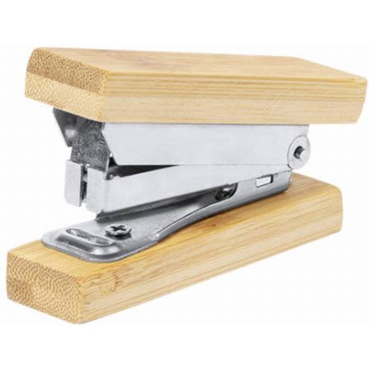 A stapler with a metallic mechanism and wooden bamboo handles. The design features a natural wood finish.