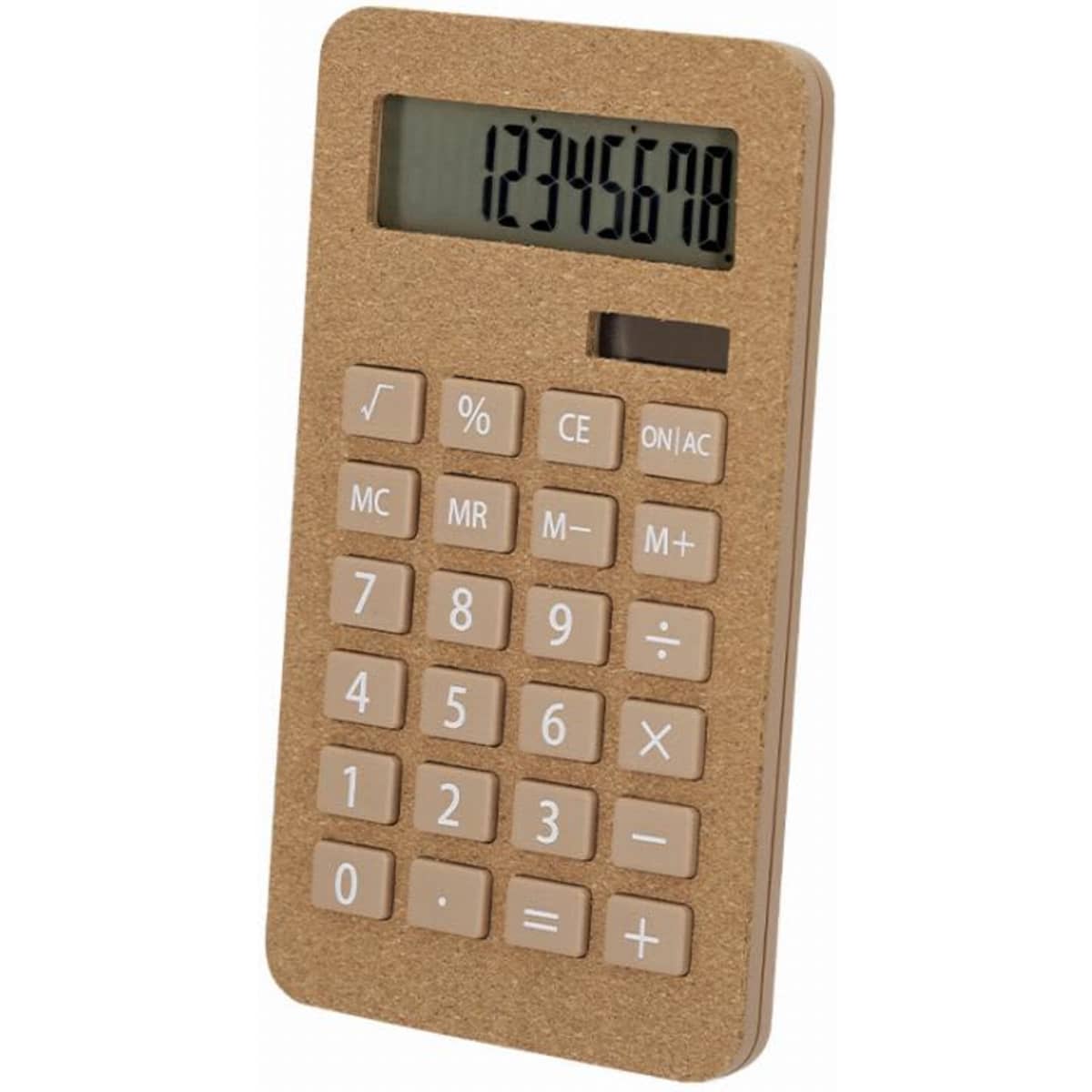A calculator with a cork texture finish, featuring a digital display and soft beige buttons.