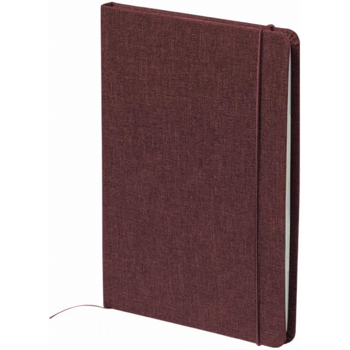 A maroon notebook with a textured cover and an elastic band closure, featuring a logo on the front.