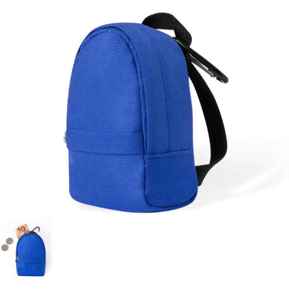 A small blue backpack with a black strap, featuring a pocket and a textured fabric finish.