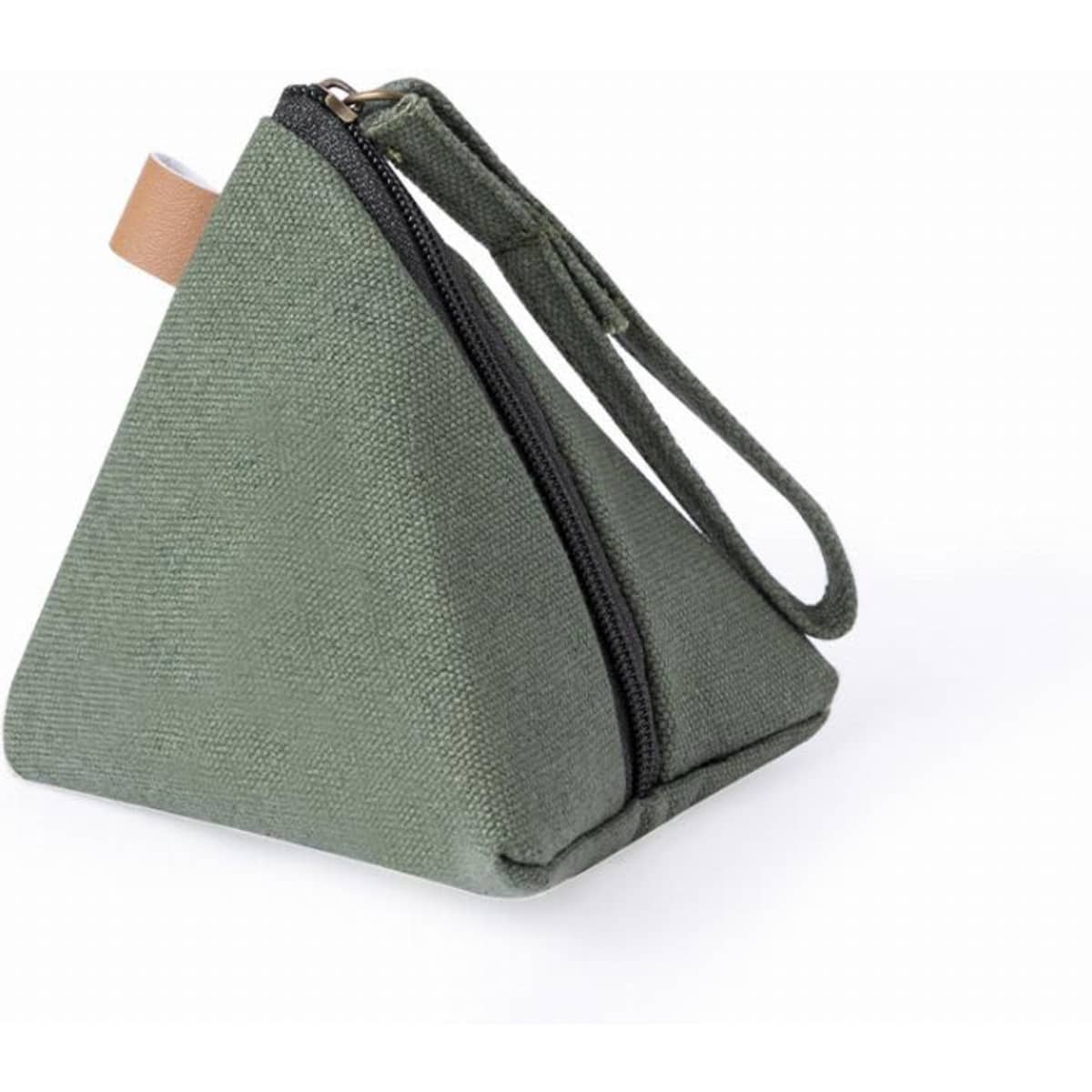 A triangular green pouch with a zipper and a wrist strap, made from textured fabric.