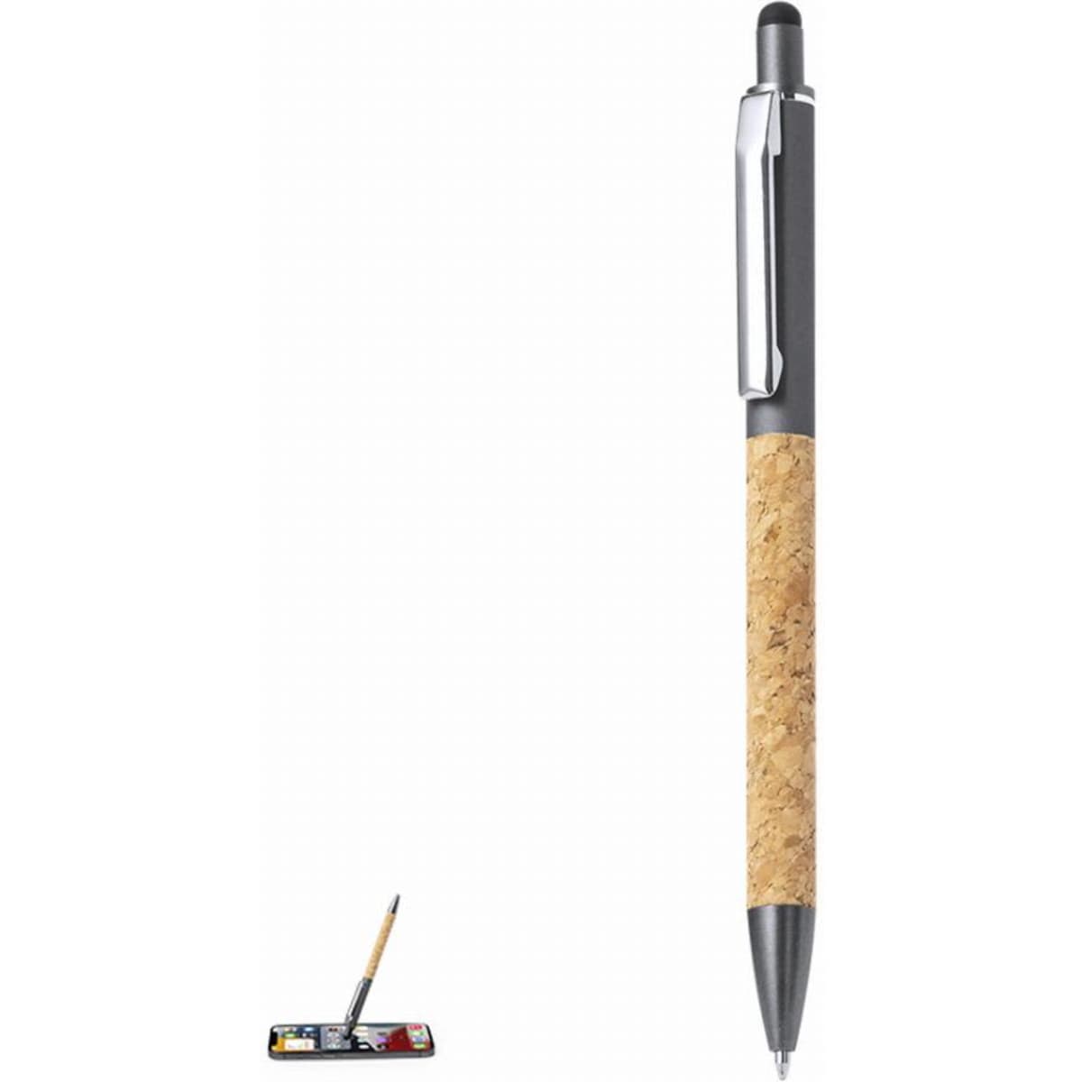 A pen with a cork barrel and a black top, displayed upright against a plain background. It features a branding logo.