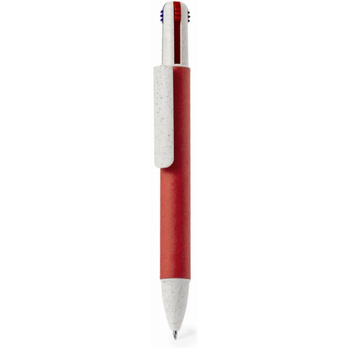 A pen with a red body and white accents, featuring a clip and a logo.