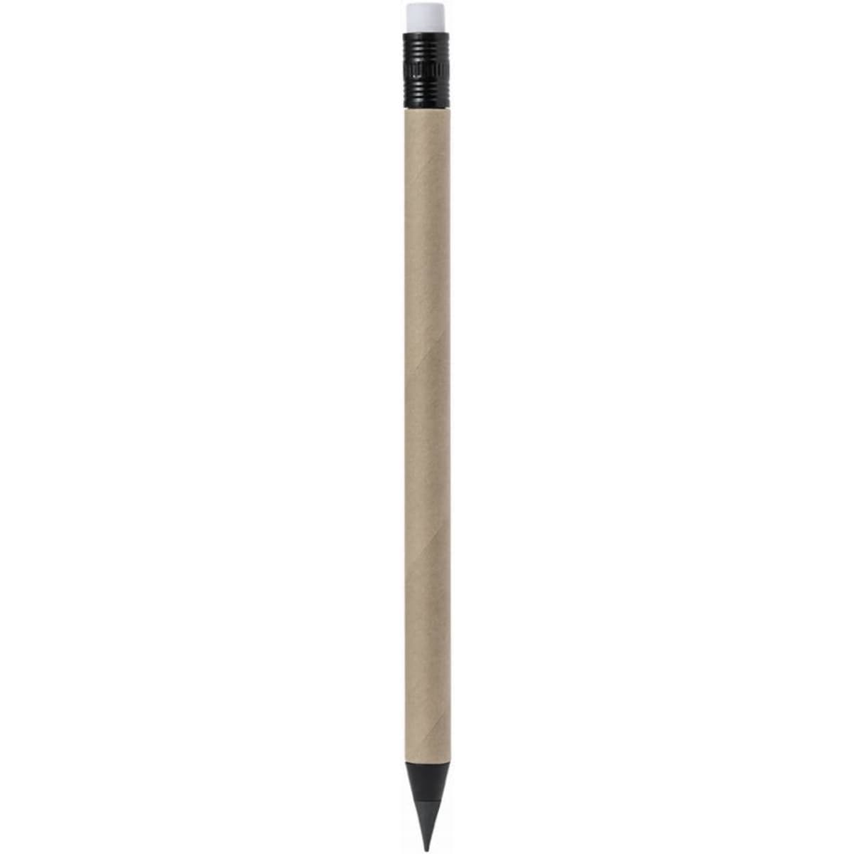 A pencil with a grey eraser and black grip, featuring a kraft paper barrel.