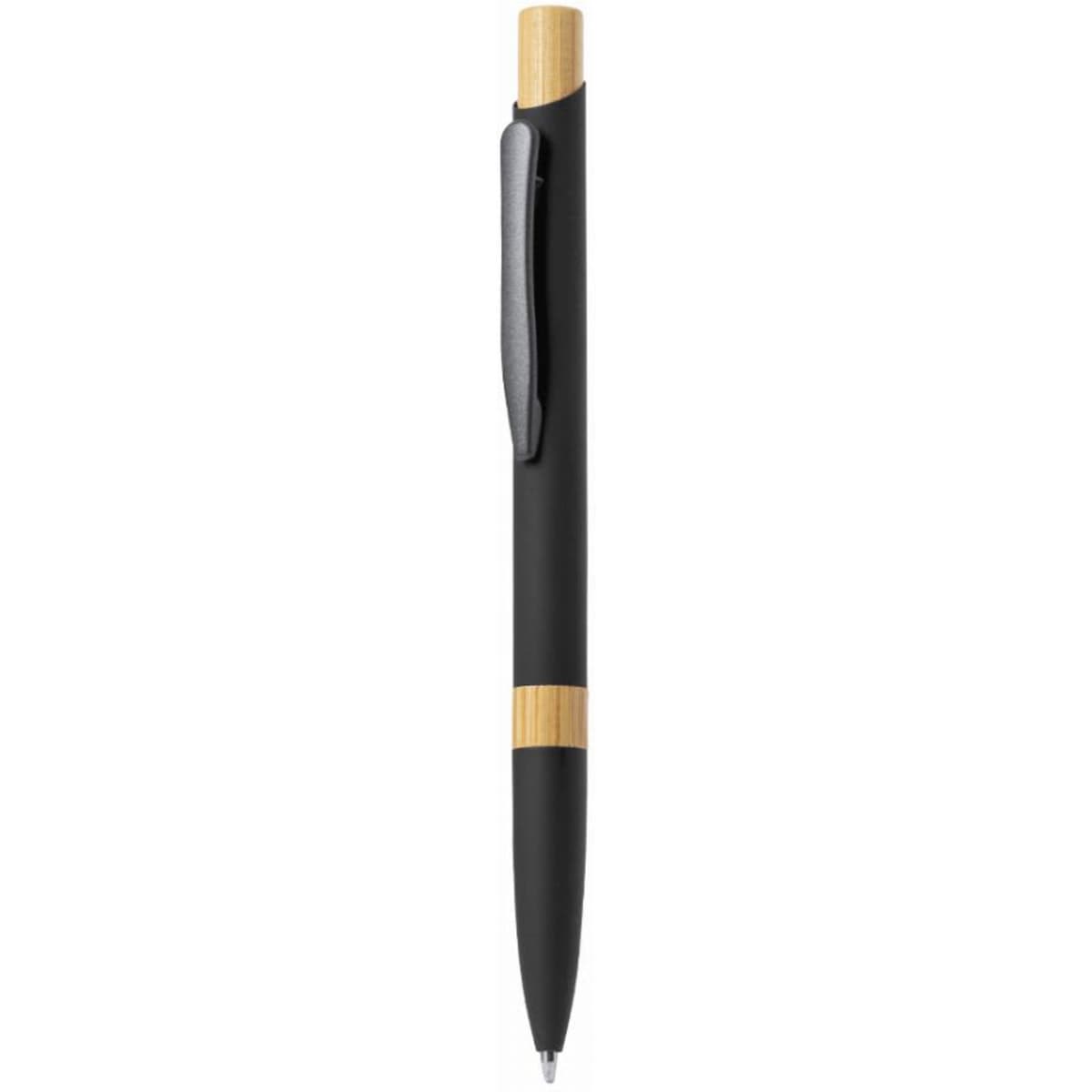 A black pen with a bamboo accent, featuring a sleek design and a clip for easy attachment.