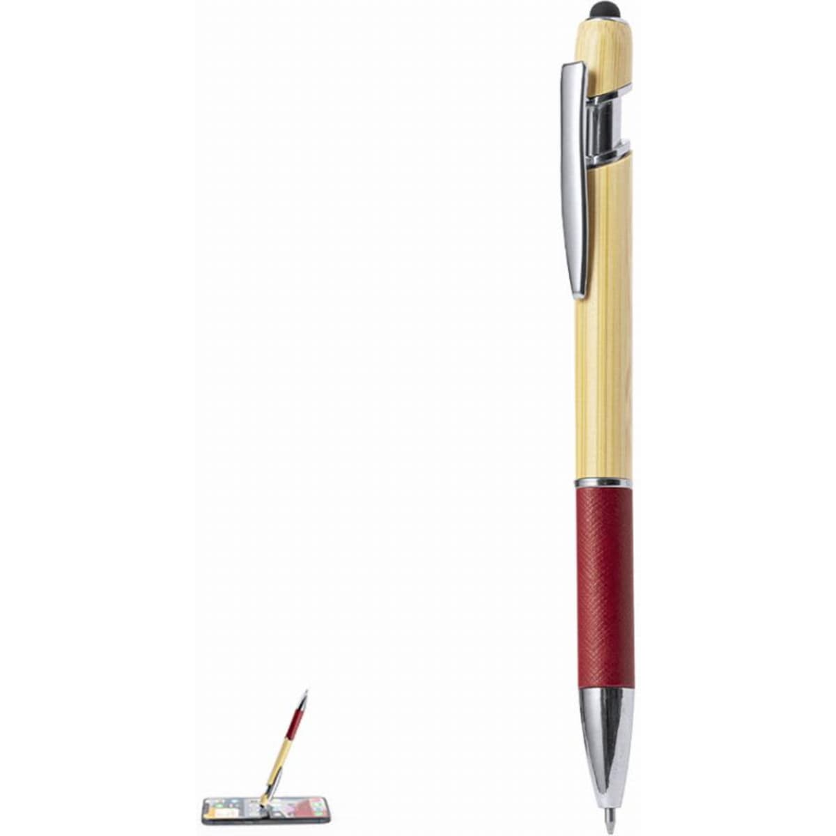 A pen featuring a bamboo barrel and a red grip, with a chrome clip and a logo on the barrel.