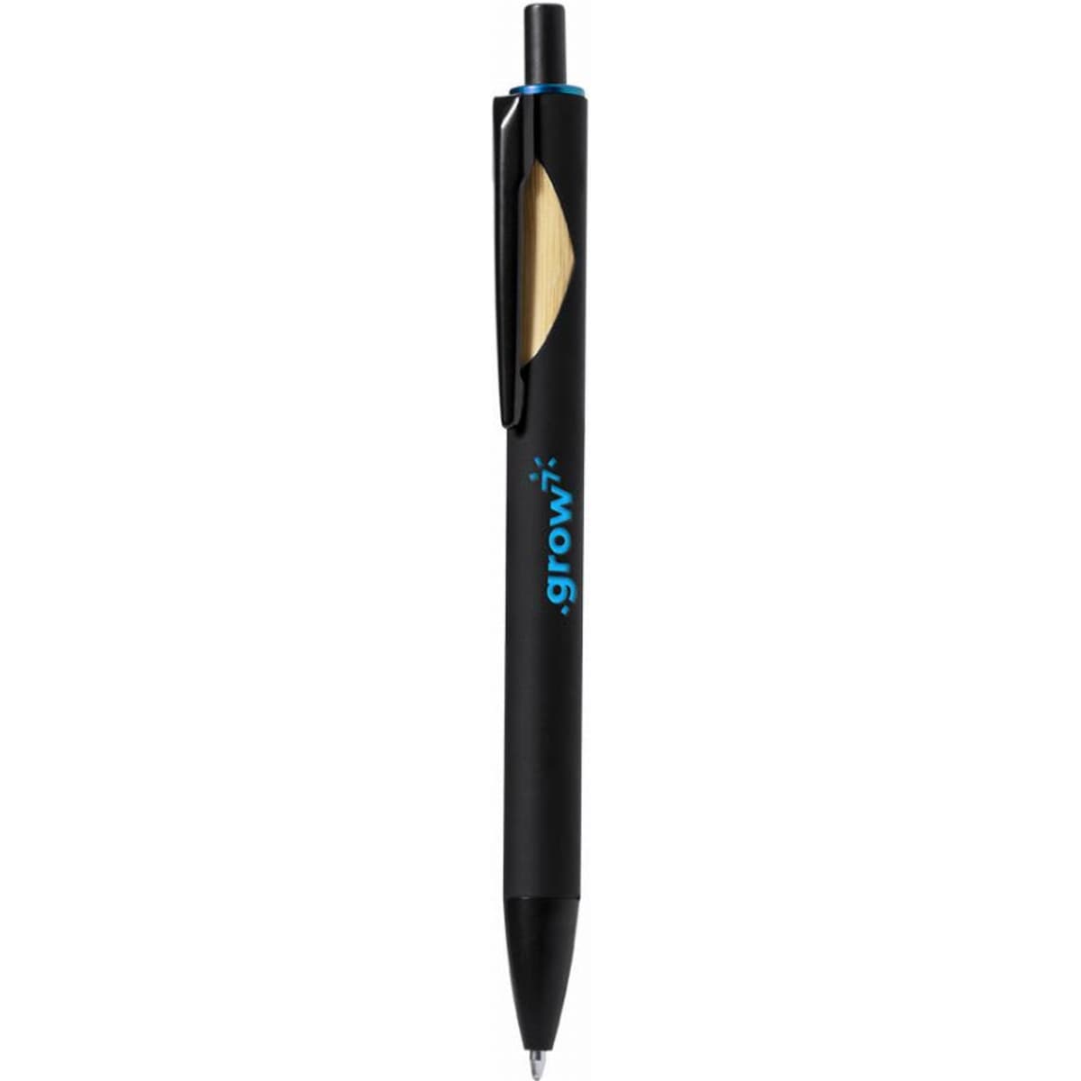 A black ballpoint pen with a clear grip section and a logo on the barrel.