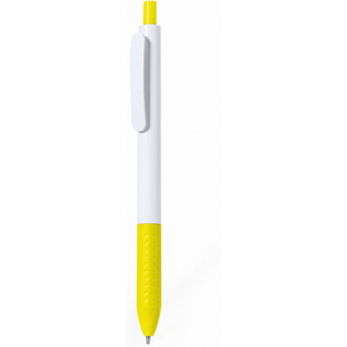 A ballpoint pen with a white body and a yellow grip, featuring a clip and a yellow ink tip.
