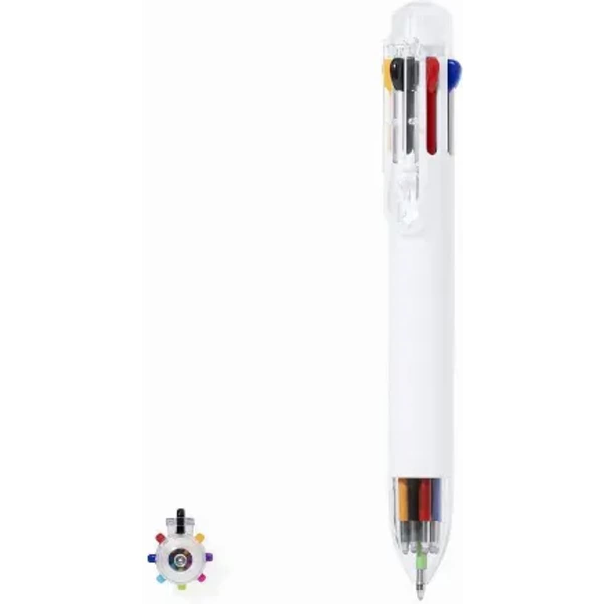 A multi-coloured pen with a transparent body, featuring various ink colours and a branding logo on the side.