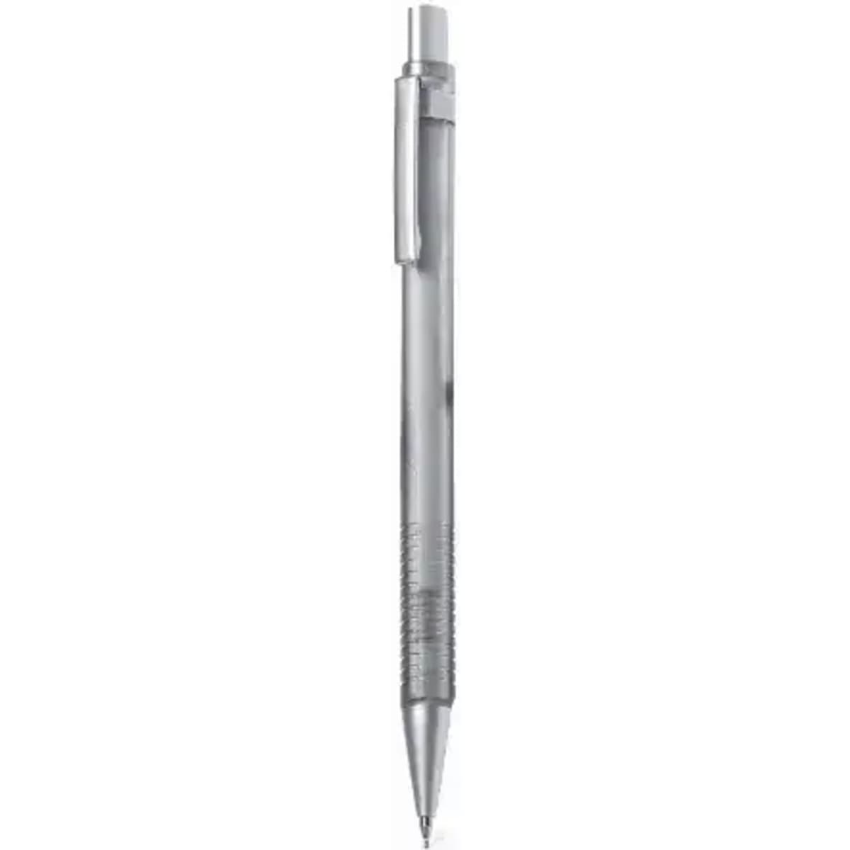 A silver ballpoint pen with a sleek design and a clip, featuring a textured grip for comfort.