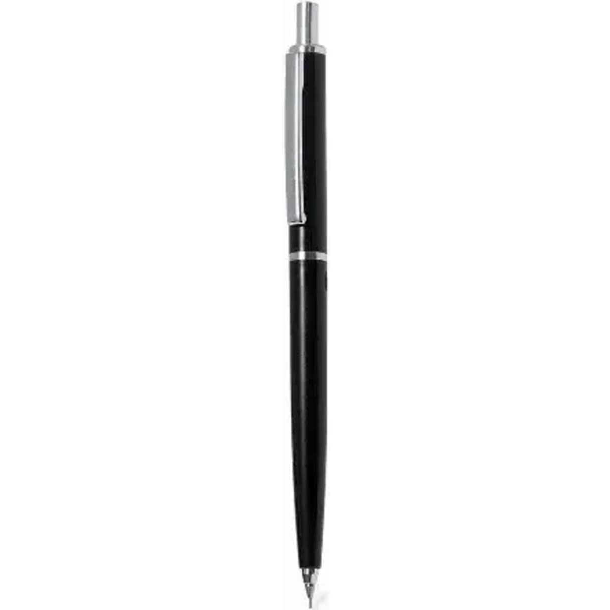 A black pen with a silver clip and accent, featuring a sleek design and a polished finish.