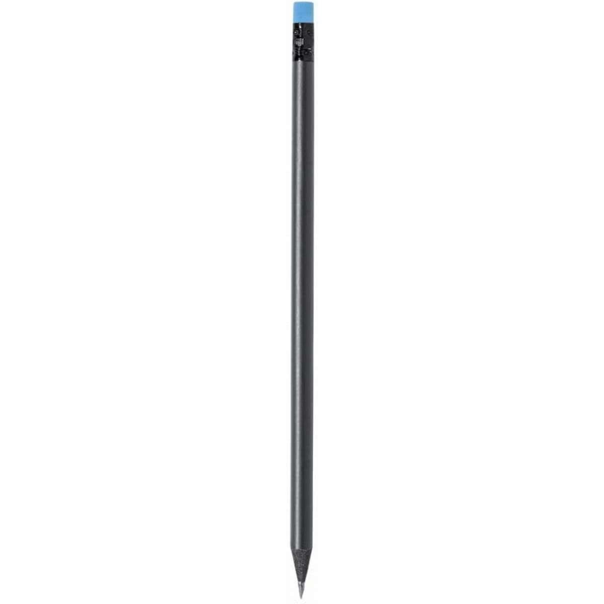 A grey pencil with a blue eraser at the top and a sharpened tip. It has a minimalist design.