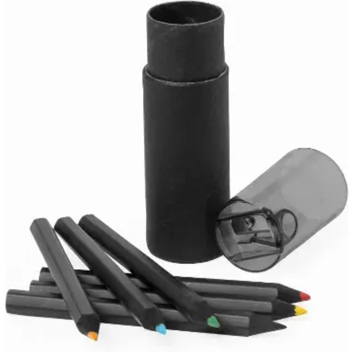 A black cylindrical container with colourful pencils in various shades, including yellow, blue, and red.