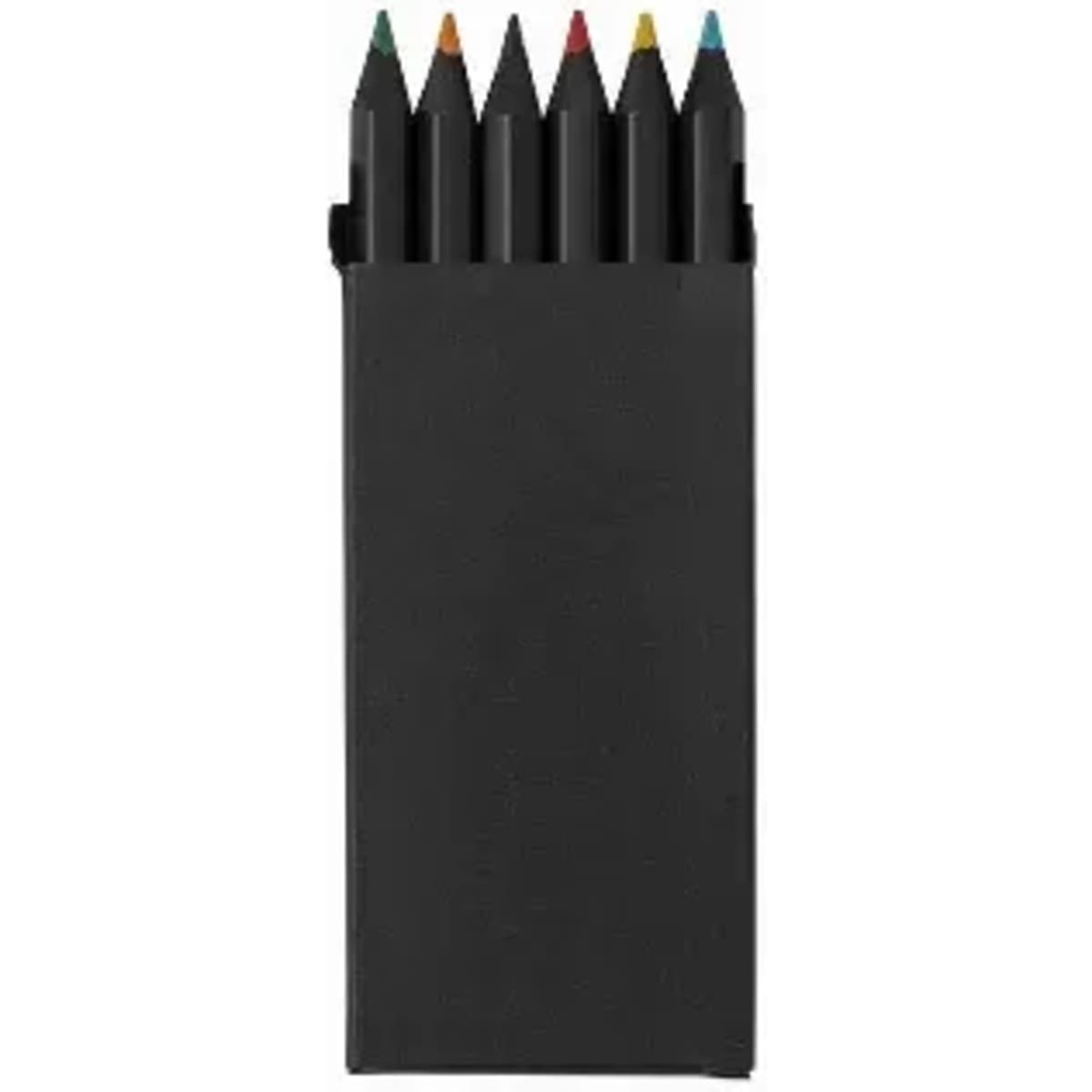A set of six coloured pencils in a black case with a logo. The pencils feature red, orange, yellow, green, blue, and black tips.