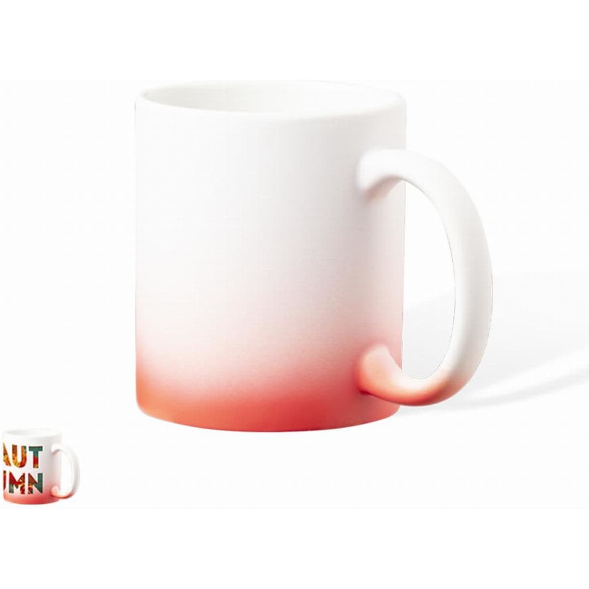 A drink mug featuring a smooth gradient from white to orange-red at the bottom. The mug has a simple handle and no text.