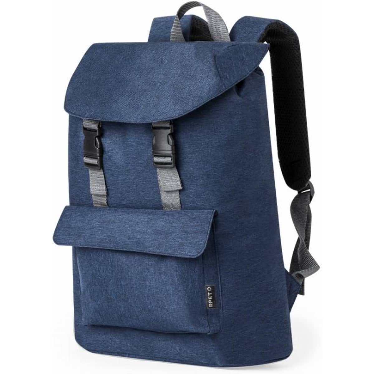 A backpack in navy blue with a flap top, featuring adjustable straps and a front pocket. It has a logo on the side.