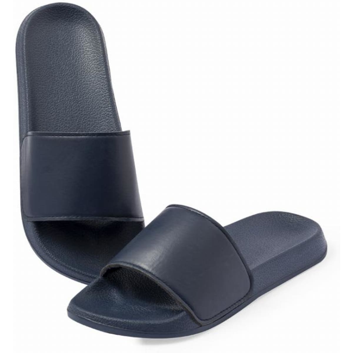 A pair of navy blue slides with a smooth finish and open toe design, featuring a wide strap across the top.