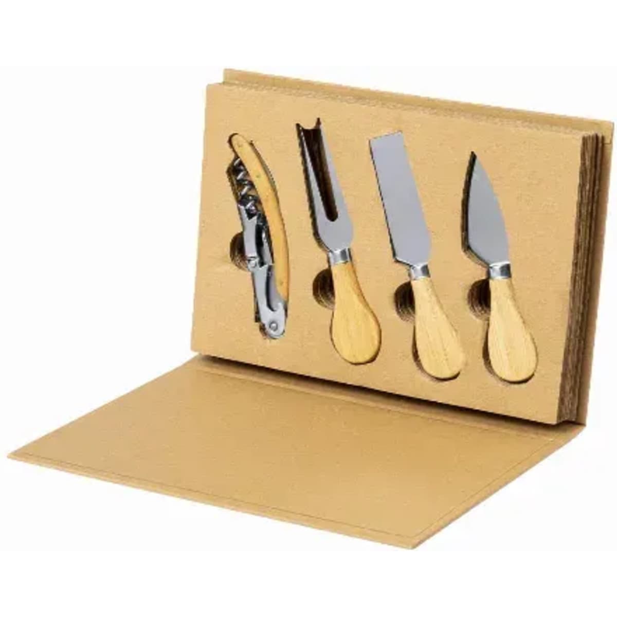 A set of cheese knives with wooden handles, displayed in a cardboard case. Includes a corkscrew and four knife styles.