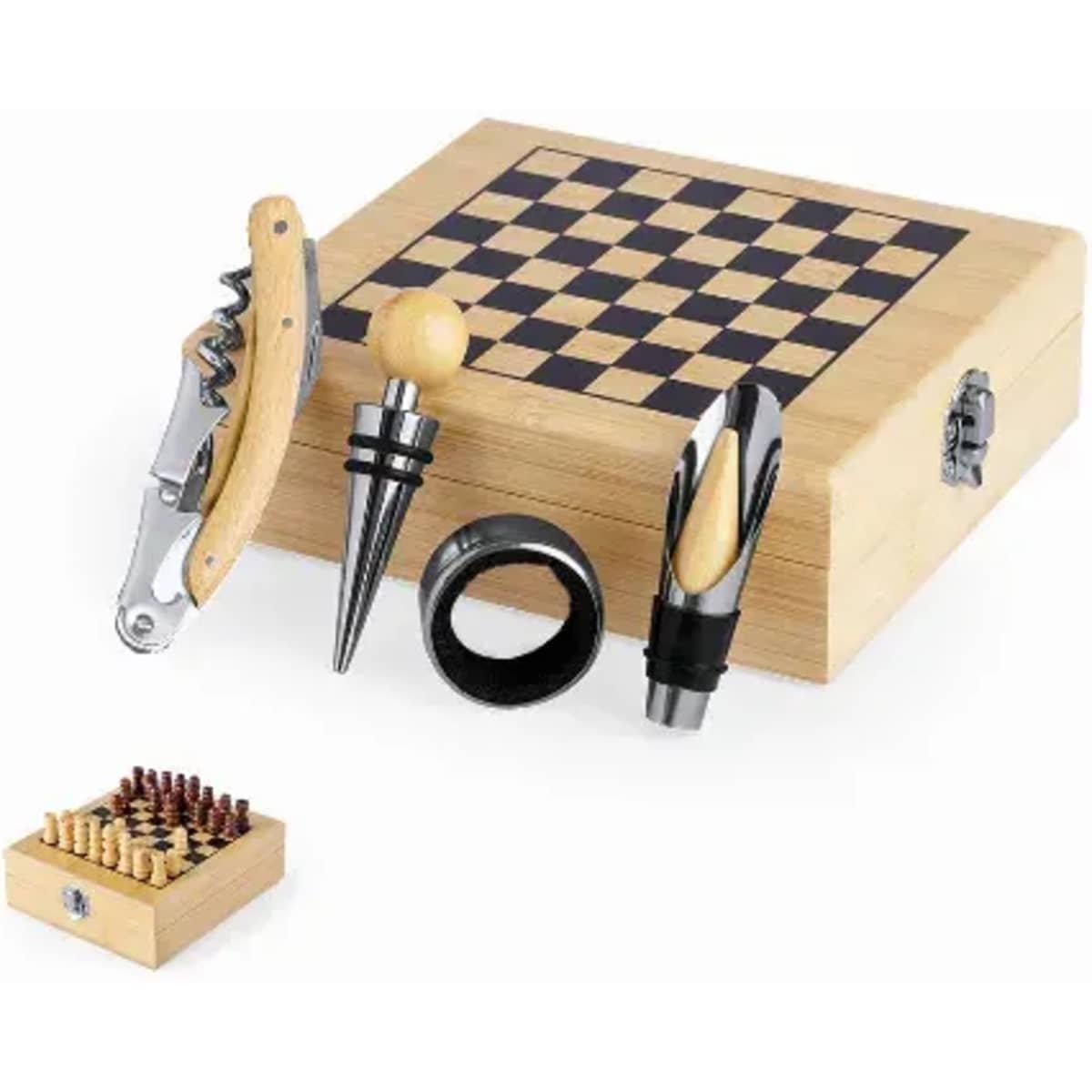 A chess set in a wooden box, featuring a wine opener, bottle stopper, and pieces in a small drawer.